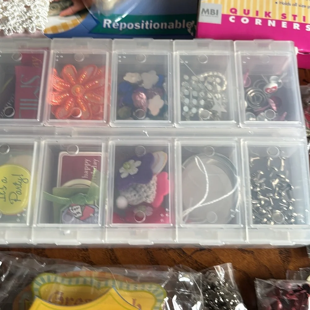 NEW Scrapbook organizer container filled with items, tape, trim and so much more